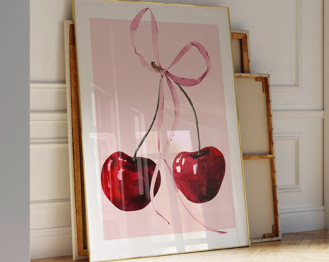Watercolor Cherries Pink Bow Blush Coquette Girly Kitchen Poster - Image 3