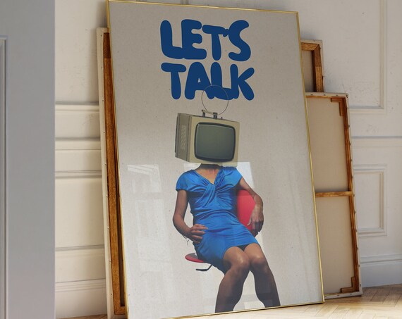 Lets Talk Retro Blue Typography Woman With TV Head Maximalist Poster