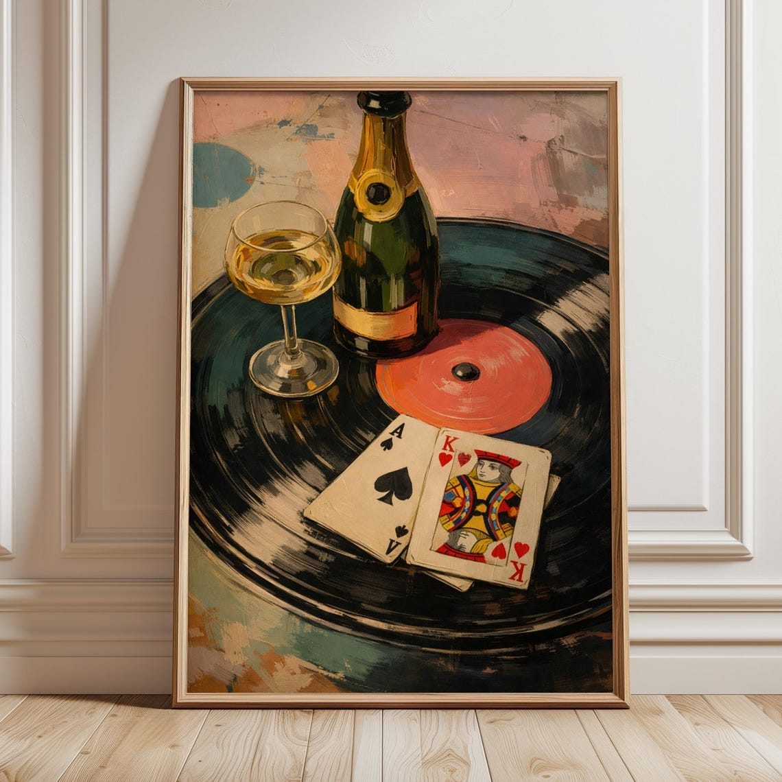 Vinyl Record Champagne Bottle and Cards Retro Bar Scene Poster