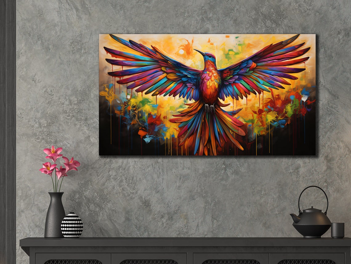 Rainbow Bird Spread Wings Phoenix Black Background Fantasy Wall Art - Image 3