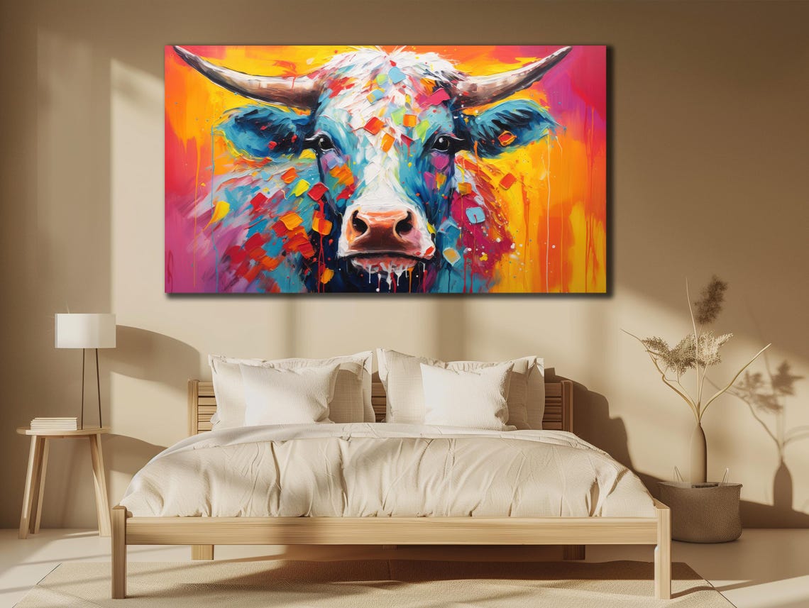 Colorful Cow Printing Cow Wall Decor Abstract Animal Wall Art Painting On Colorful Animal Art Farmhouse For Gifts - Image 3