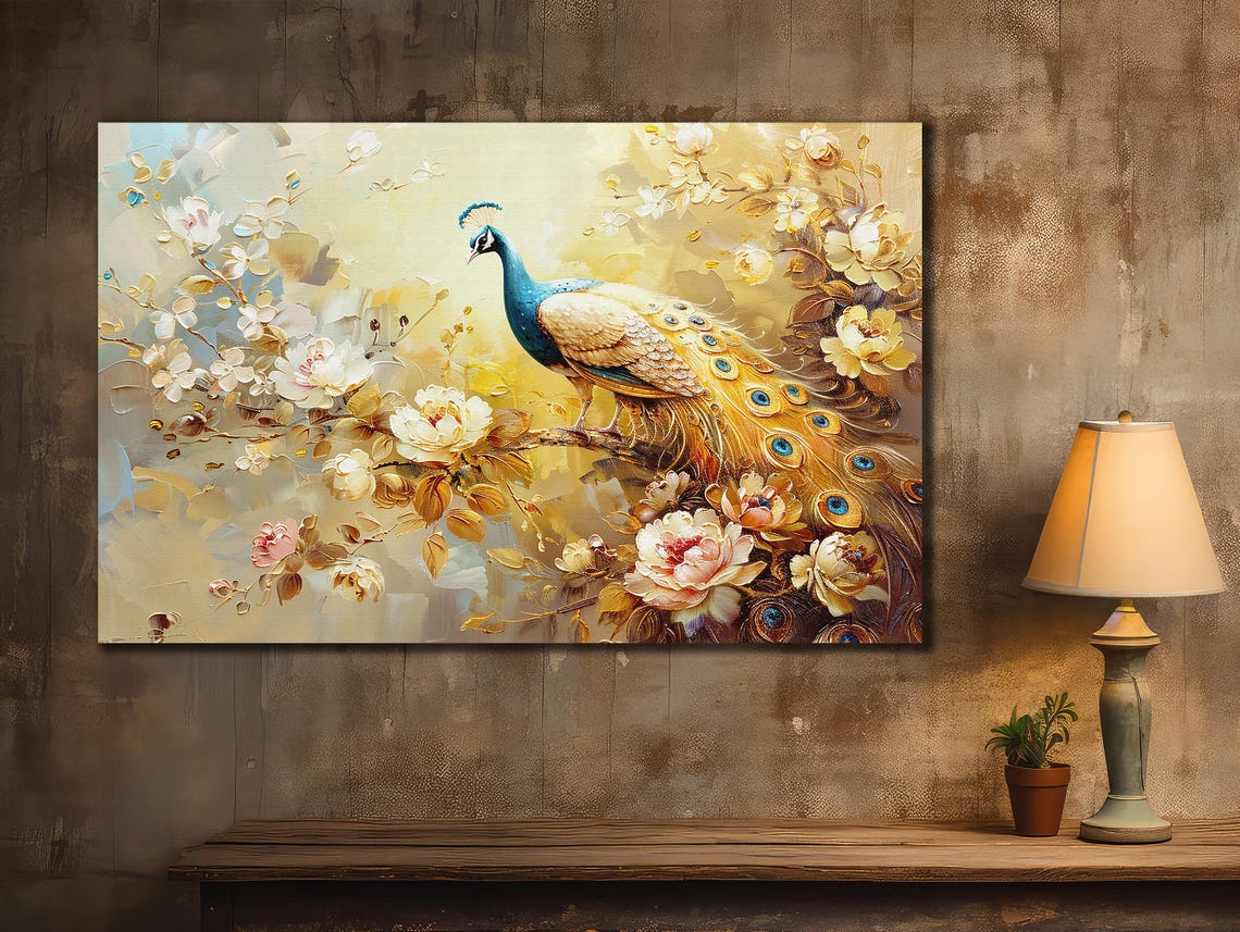 Golden Peacock Among Blossoms Elegant Blue Bird Floral Art Poster - Image 3
