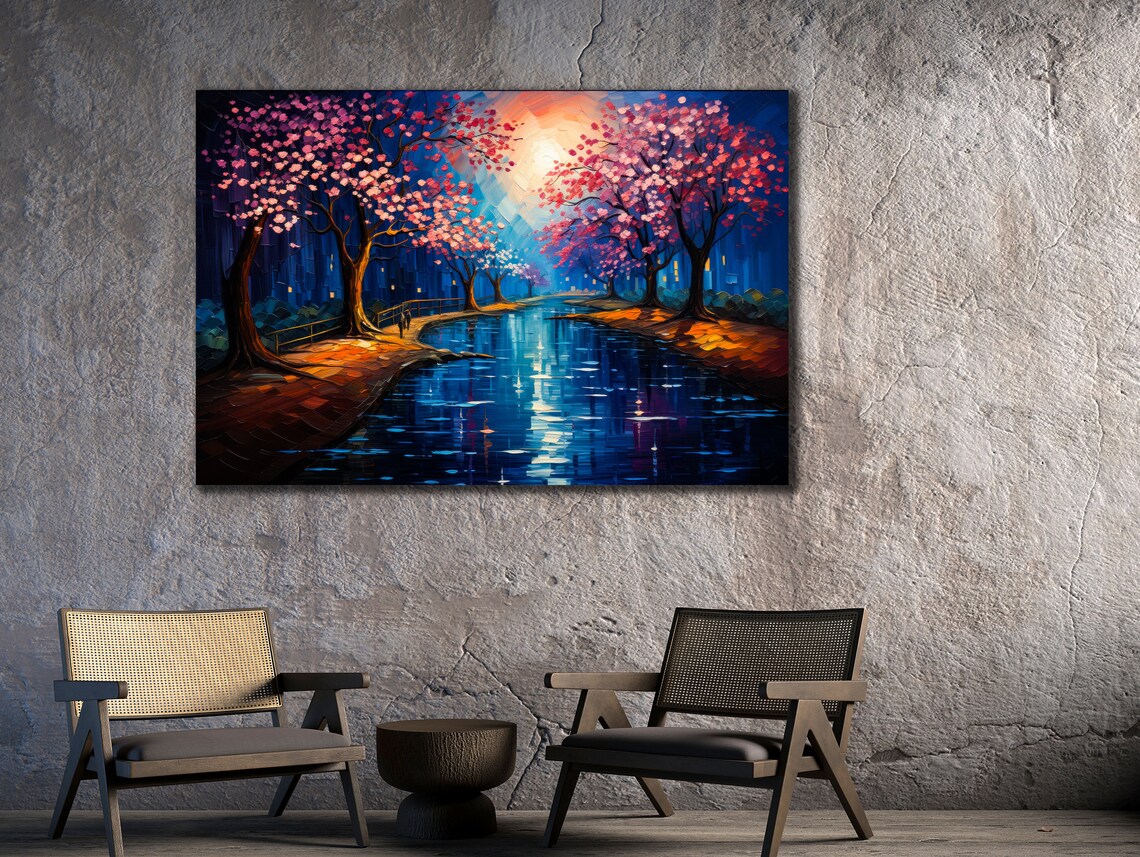 Cherry Blossom Moonlit River Night Pink Trees Landscape Art Print - Image 3