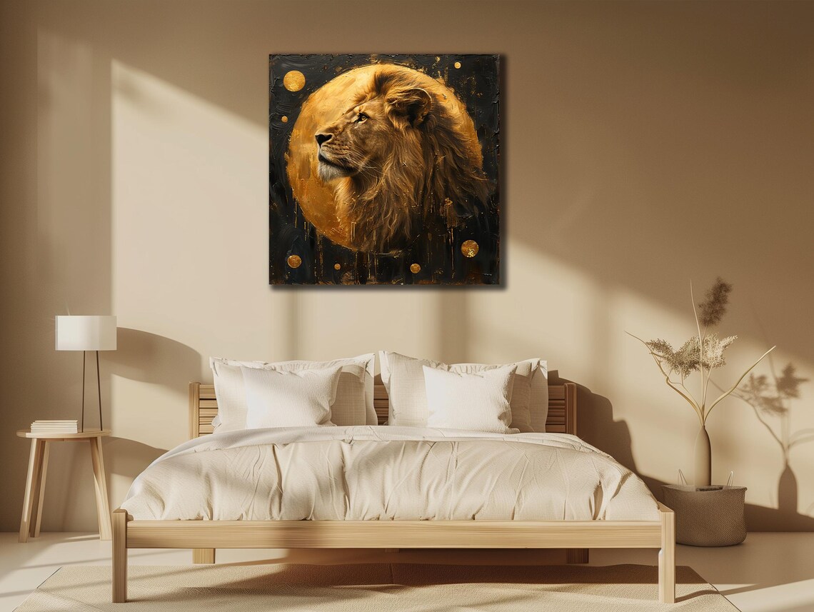 Golden Lion Full Moon Drips Regal Profile Luxe Black Gold Wildlife Poster