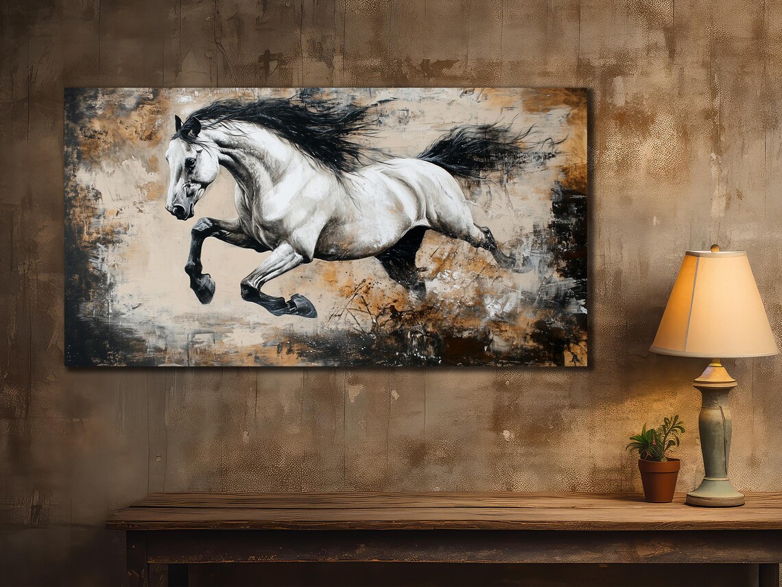 White Horse Galloping Textured Beige Modern Wildlife Art Poster - Image 2