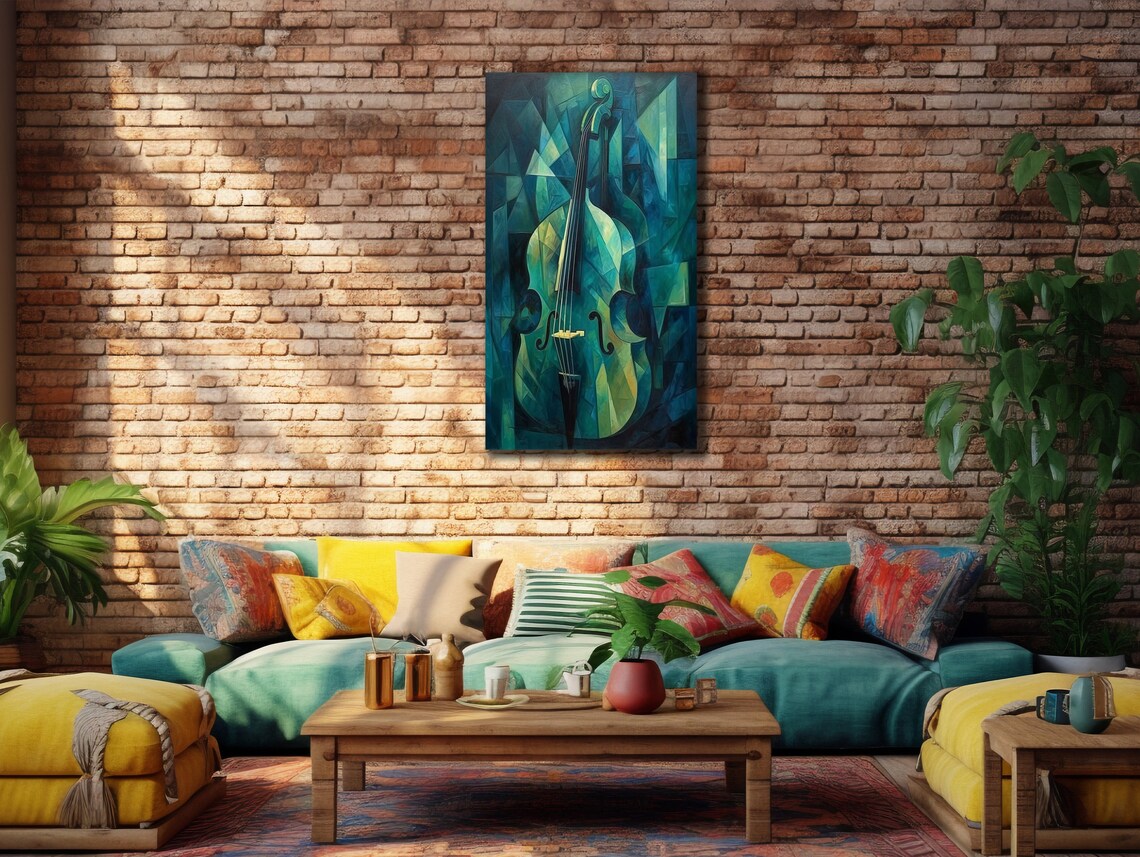 Abstract Cubist Violin Teal Blue Geometric Music Instrument Art Poster - Image 2