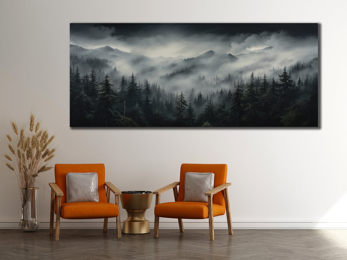 Foggy Mountain Forest Panoramic Black White Misty Pines Poster - Image 2