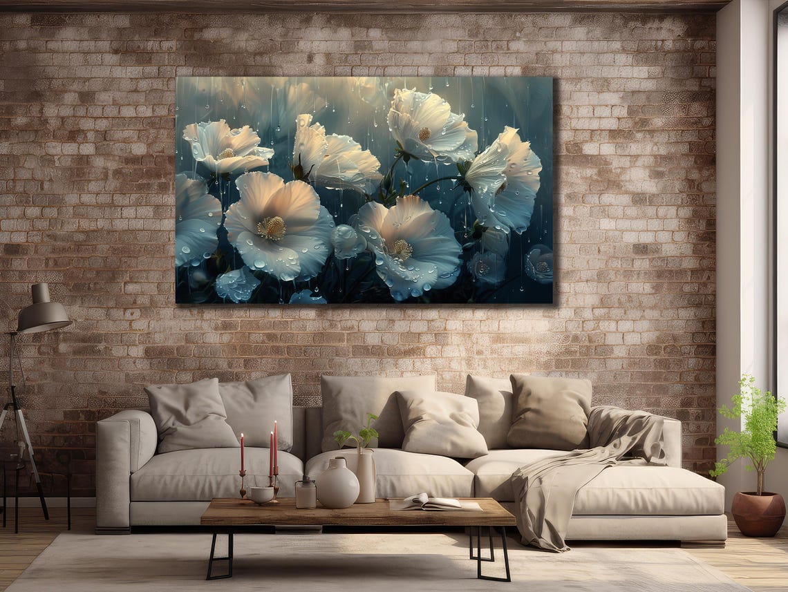 White Poppies Raindrops Dark Blue Night Floral Wall Art Poster - Image 2