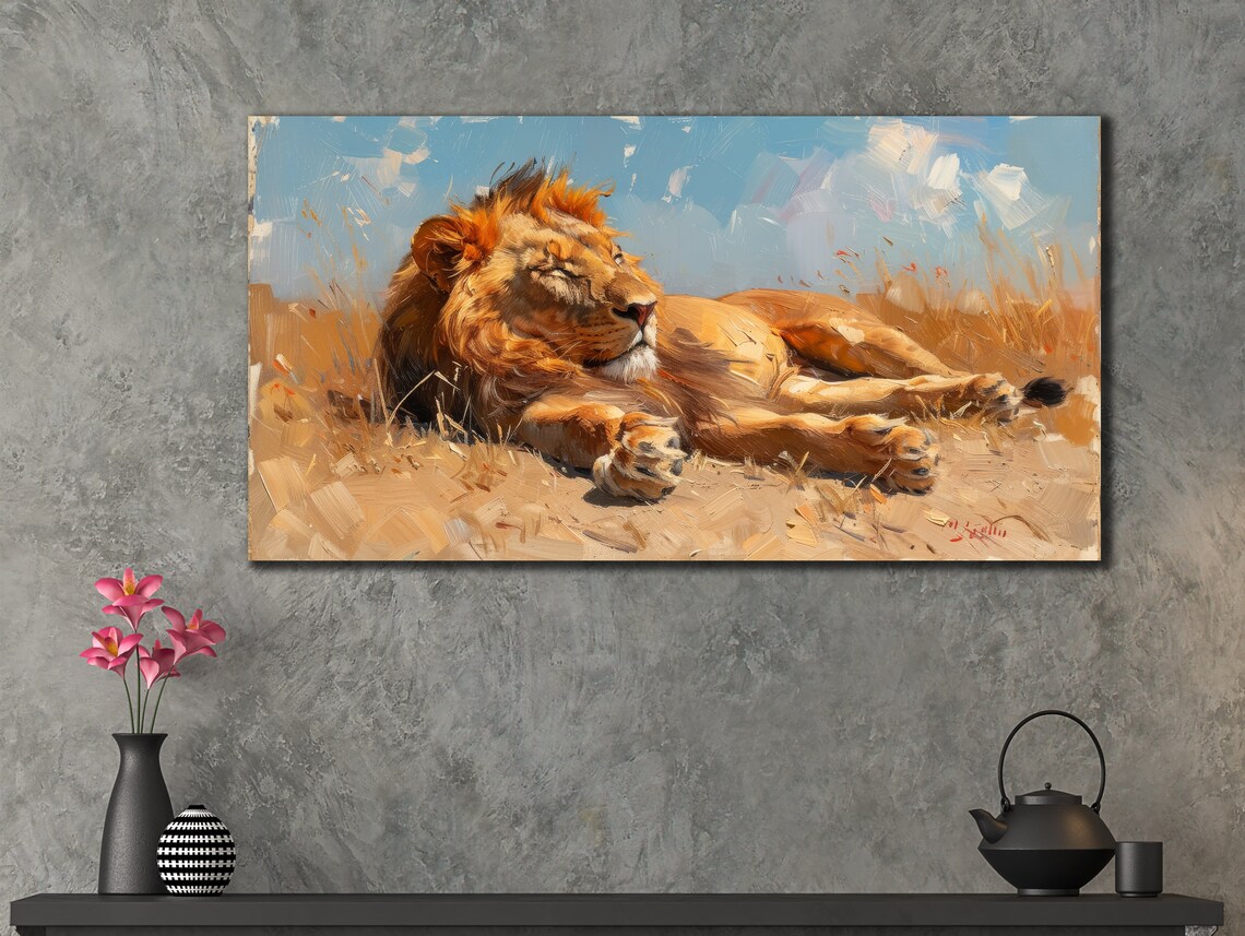 Lion Resting In Golden Savanna Grass Warm Wildlife Oil Painting - Image 2