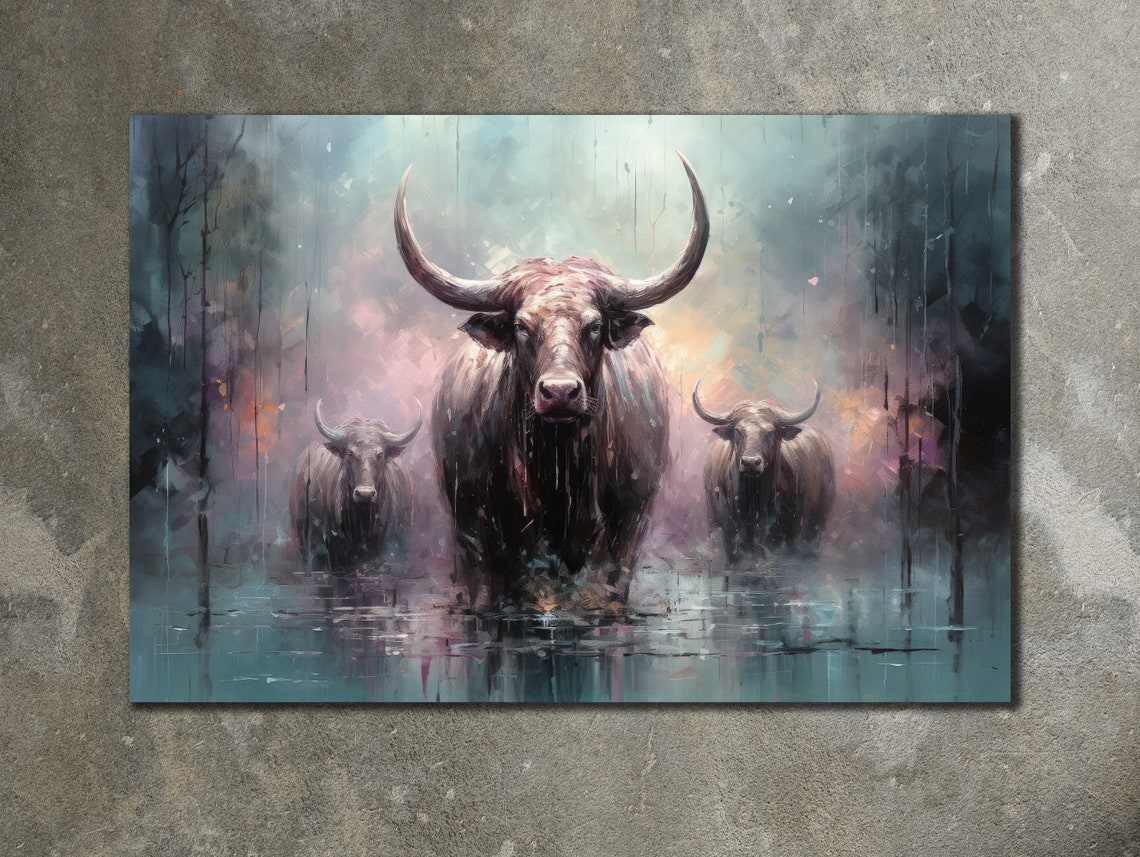 Three Water Buffaloes Walking Through Misty Still Water Poster - Image 3