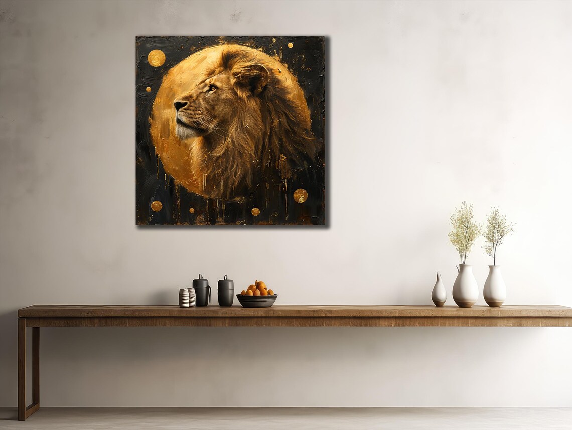Golden Lion Full Moon Drips Regal Profile Luxe Black Gold Wildlife Poster - Image 2