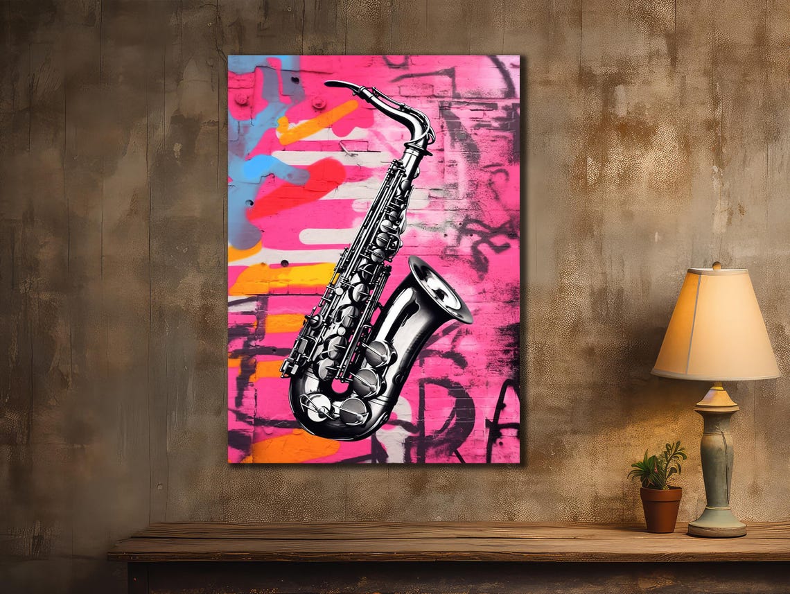 Pop Art Saxophone Jazz Music Modern Neon Pink Graffiti Wall Poster