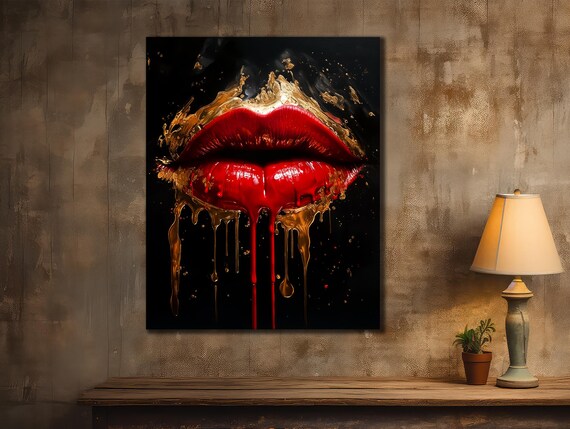 Red Lips Gold Drip Painting Black Background Bold Glamour Art Poster