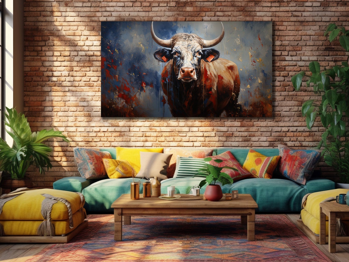 Abstract Horned Cow Portrait Bold Red Blue Farmhouse Style Poster