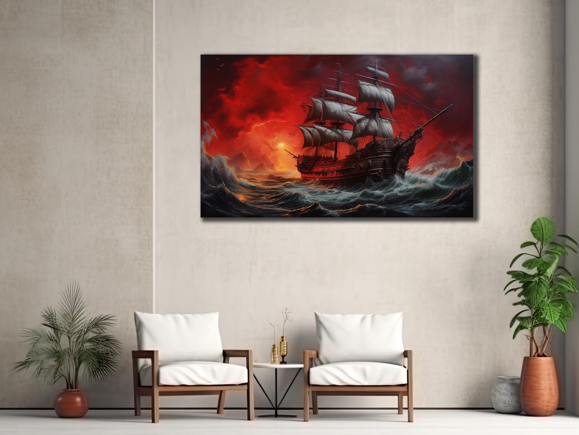 Majestic Pirate Tall Ship Blood Red Sky Stormy Ocean Waves Art Poster - Image 2