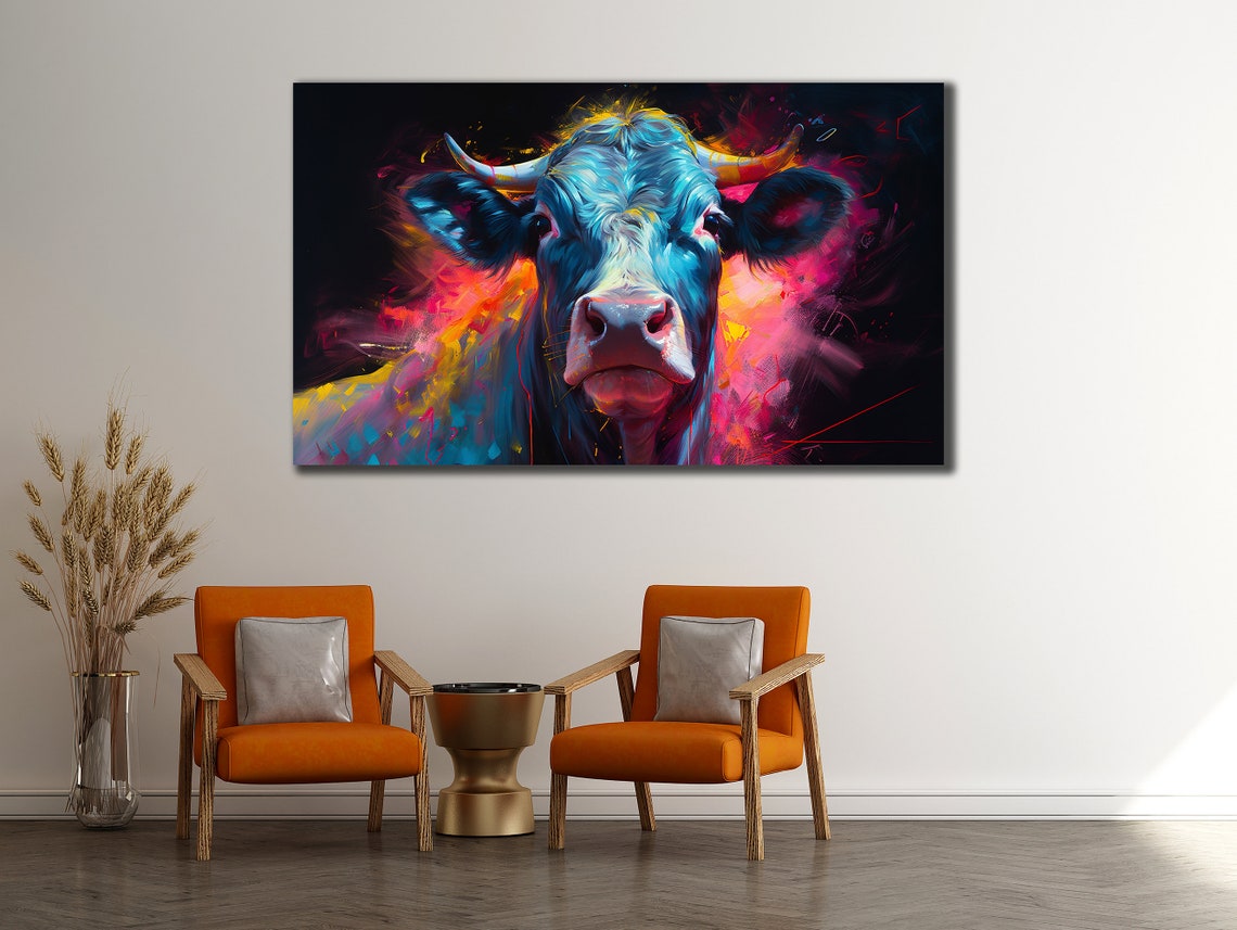 Colorful Cow Printing Cow Wall Decor Abstract Animal Wall Art Painting On Colorful Animal Art Farmhouse For Gifts - Image 3