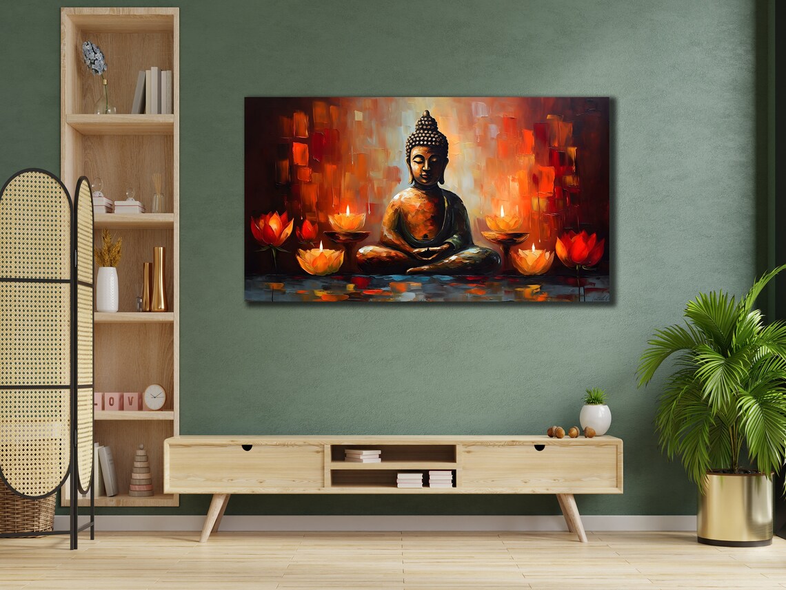 Buddha Meditating Lotus Candles Warm Orange Spiritual Wall Poster - Image 2