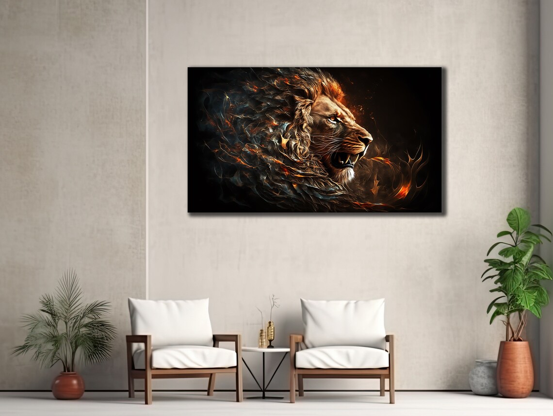 Lion Head Fiery Mane Black Background Powerful Wildlife Wall Art Print - Image 3