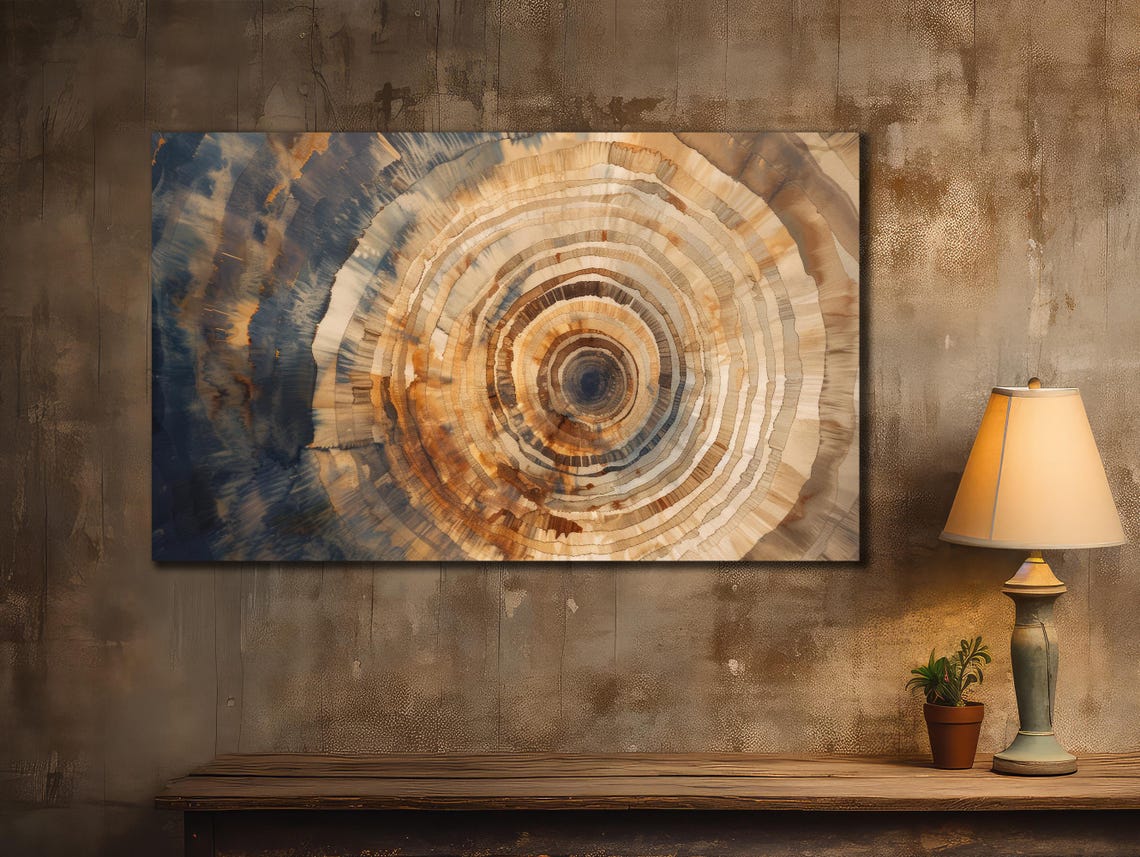 Abstract Tree Rings Cross Section Navy Blue and Amber Wood Poster