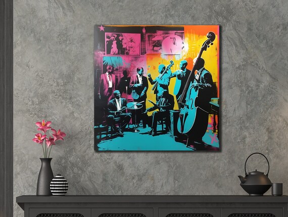 Neon Pop Art Jazz Band Musicians Saxophone Colorful Wall Art Poster