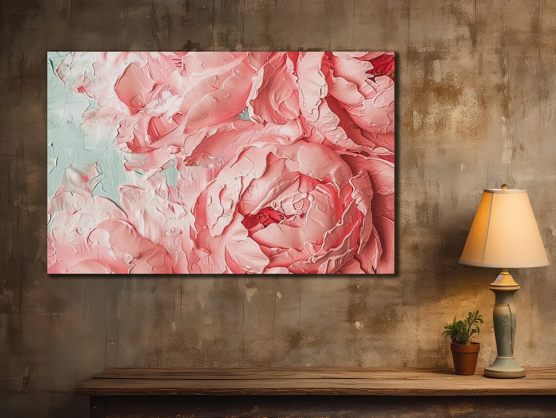 Blush Pink Peonies Close Up Impasto Mint Green Floral Art Poster - Image 3