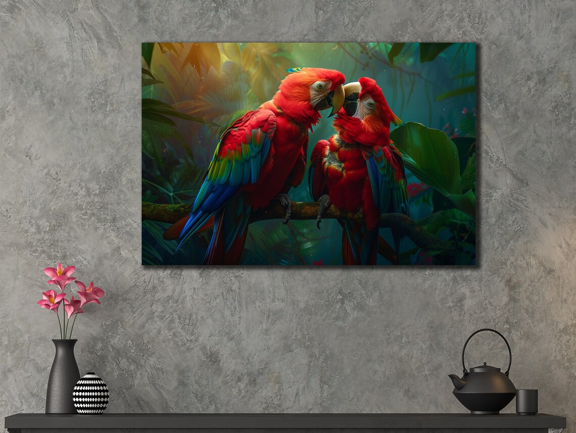 Scarlet Macaw Parrot Pair Jungle Love Tropical Birds Art Poster - Image 3
