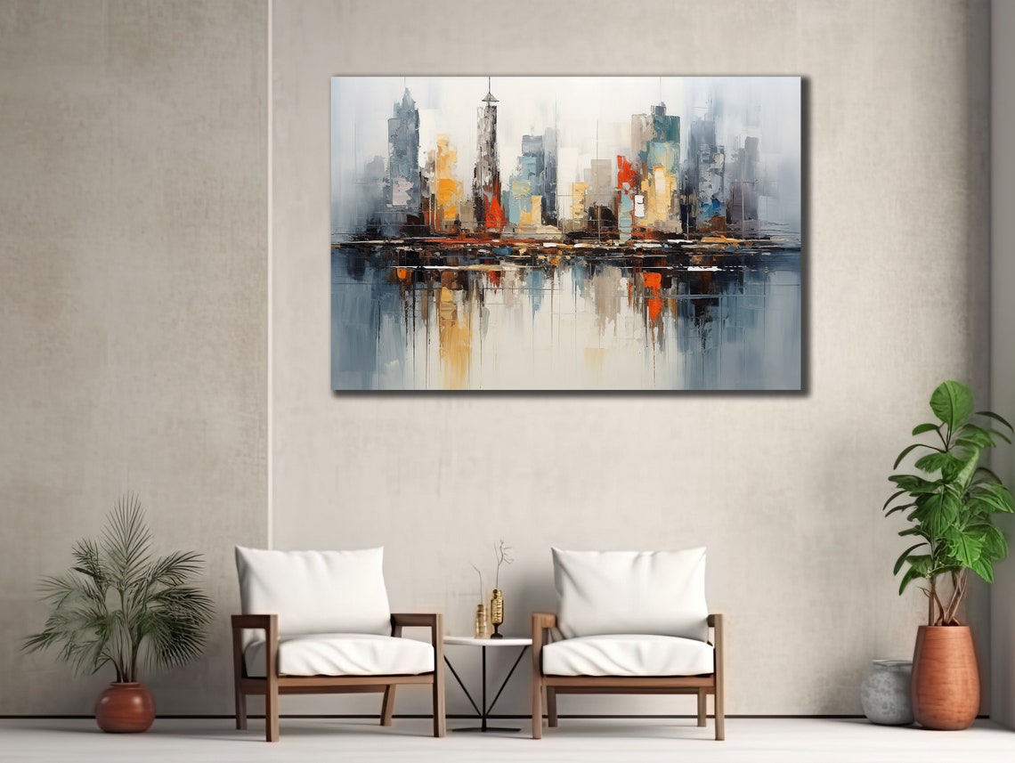 Abstract City Skyline Water Reflection Gray Blue Orange Art Poster