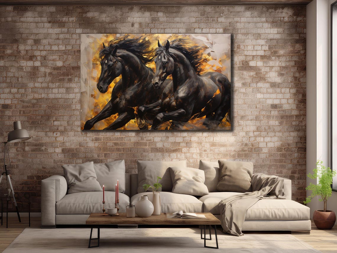 Black Horses Running Fiery Golden Flames Dramatic Equestrian Poster - Image 2