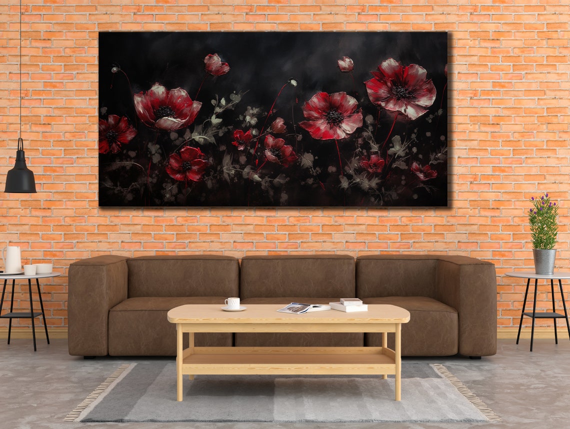Red Poppy Flowers On Black Background Extra Large Floral Poster
