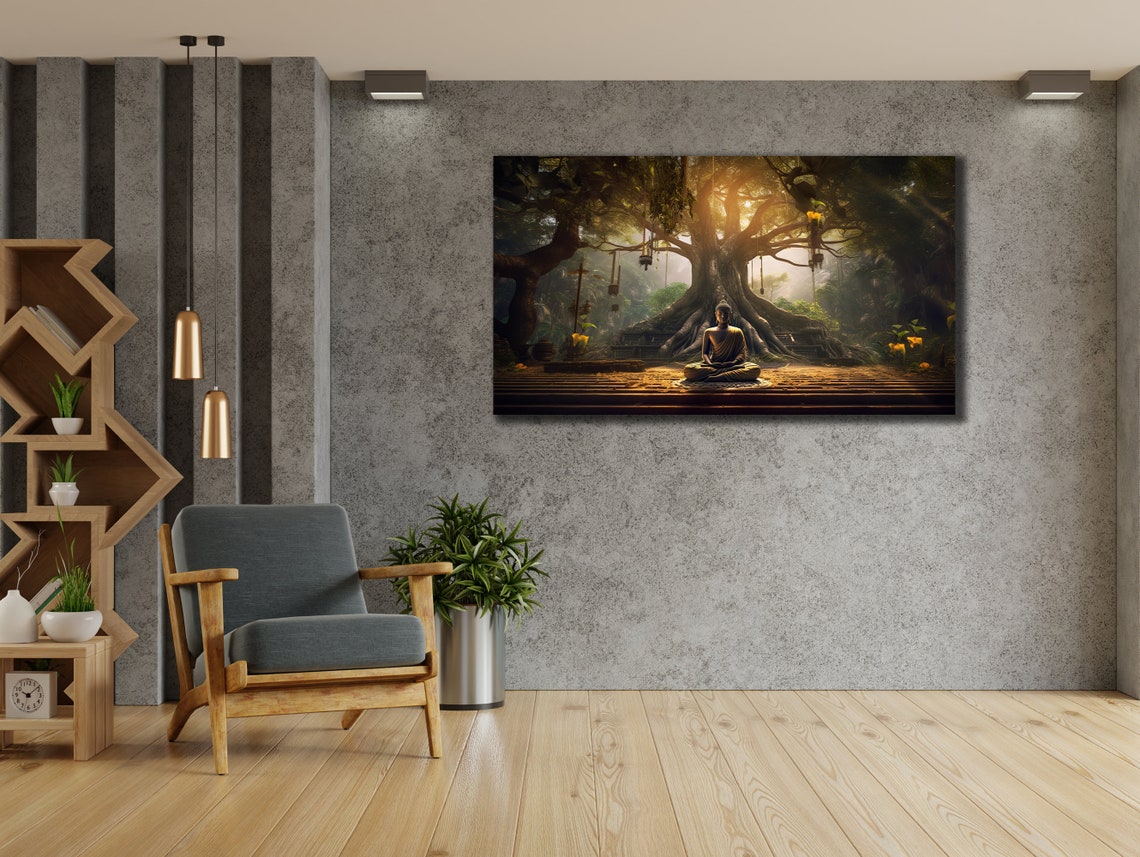 Buddha Meditating Under Sacred Tree Golden Light Zen Wall Art Poster - Image 2