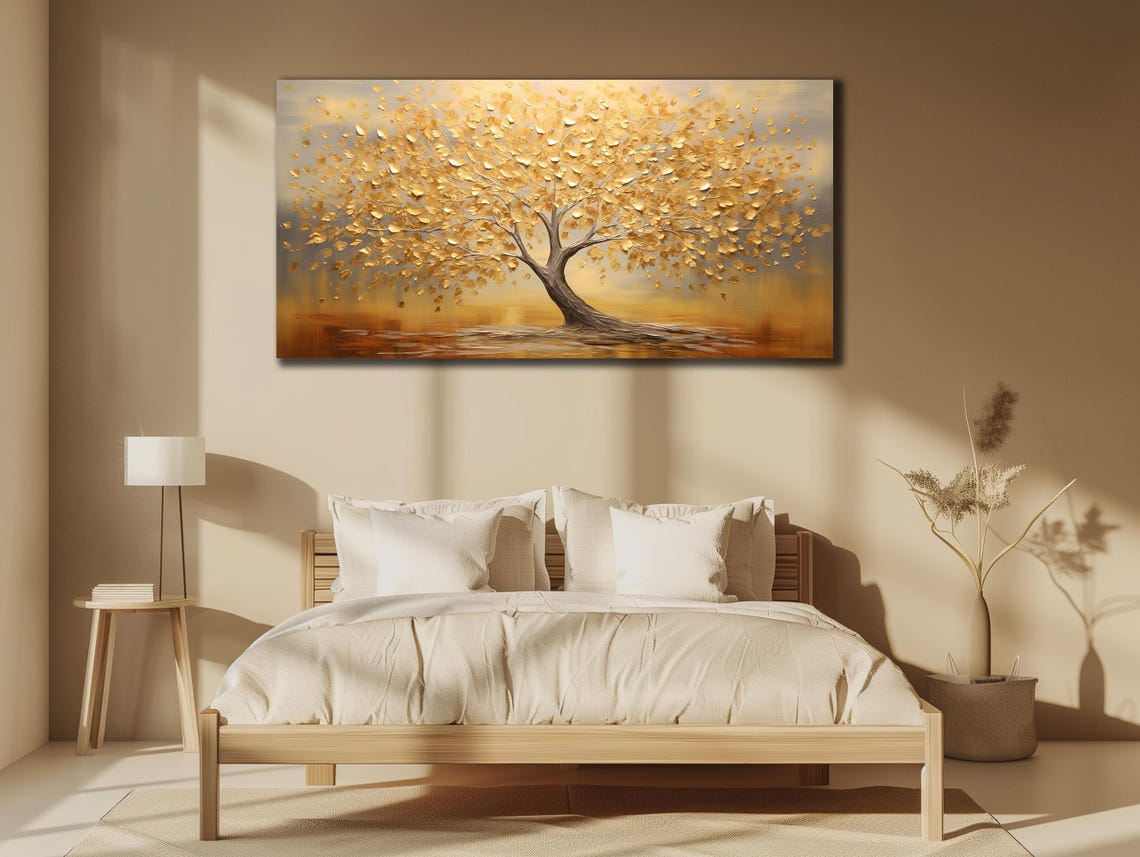 Golden Tree Spreading Branches Warm Beige Panoramic Art Poster - Image 3