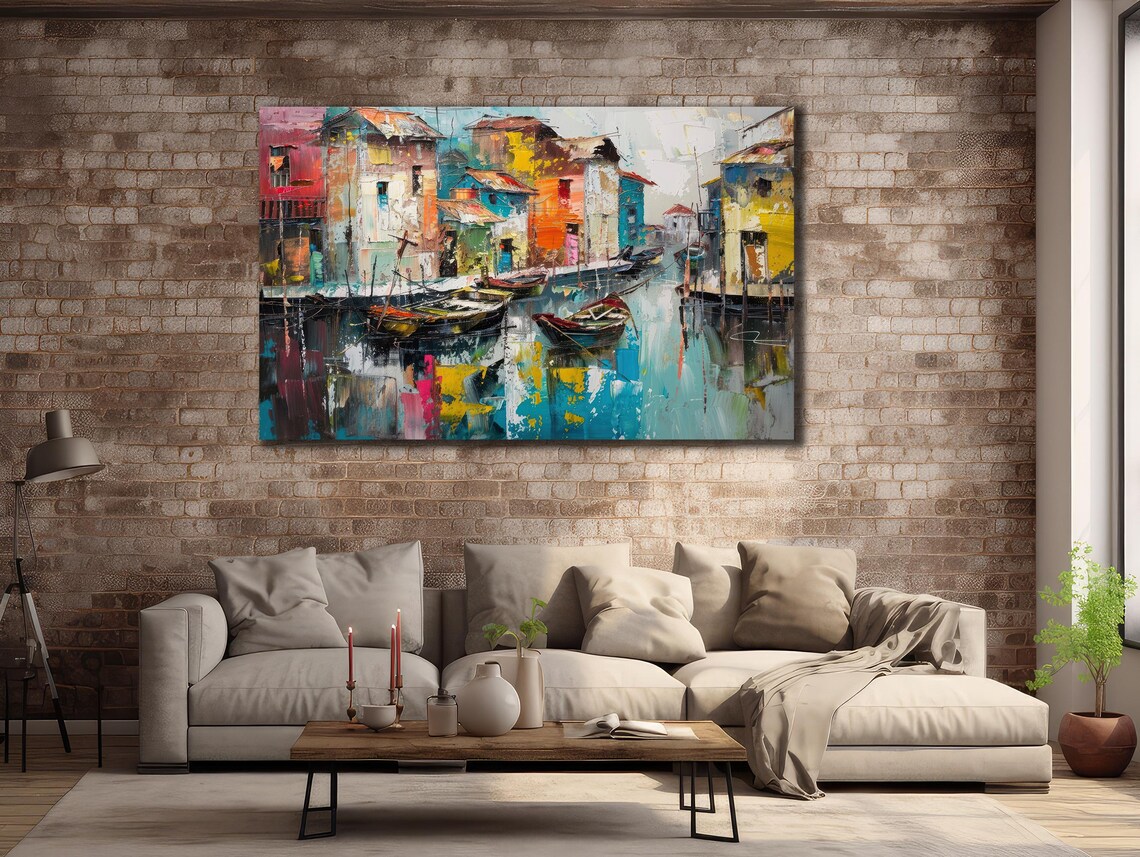 Colorful Abstract Harbor Canal Boats Vibrant Cityscape Poster - Image 2