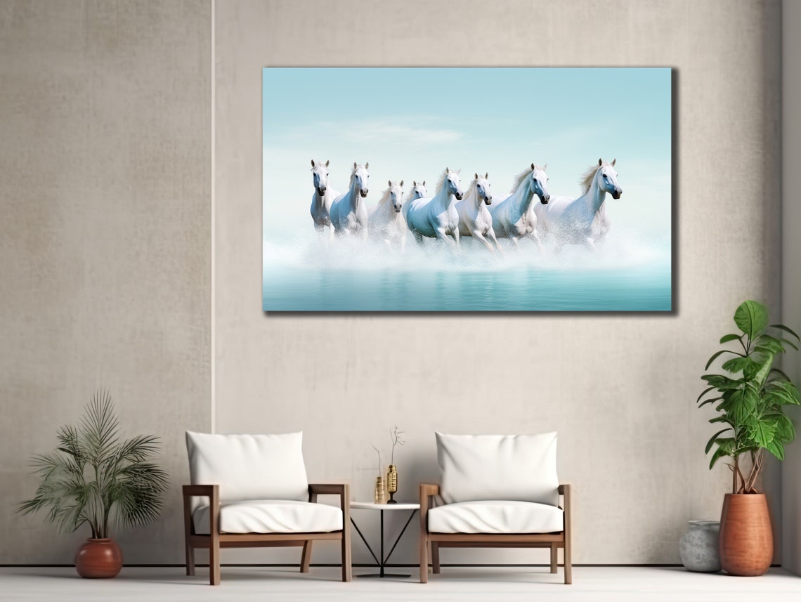 White Horses Running Through Water Mist Minimal Animal Art Poster - Image 2