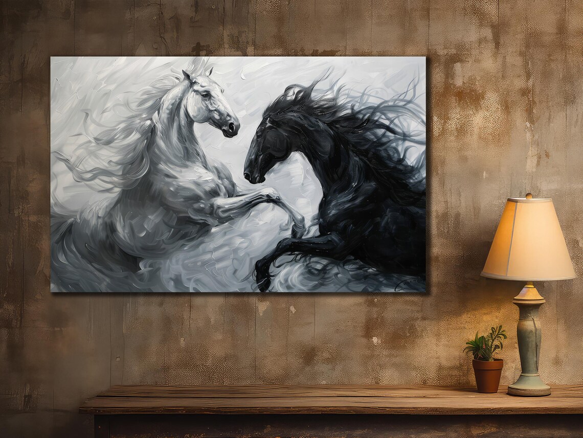 White and Black Horses Rearing Grey Watercolor Abstract Stallion Print - Image 3