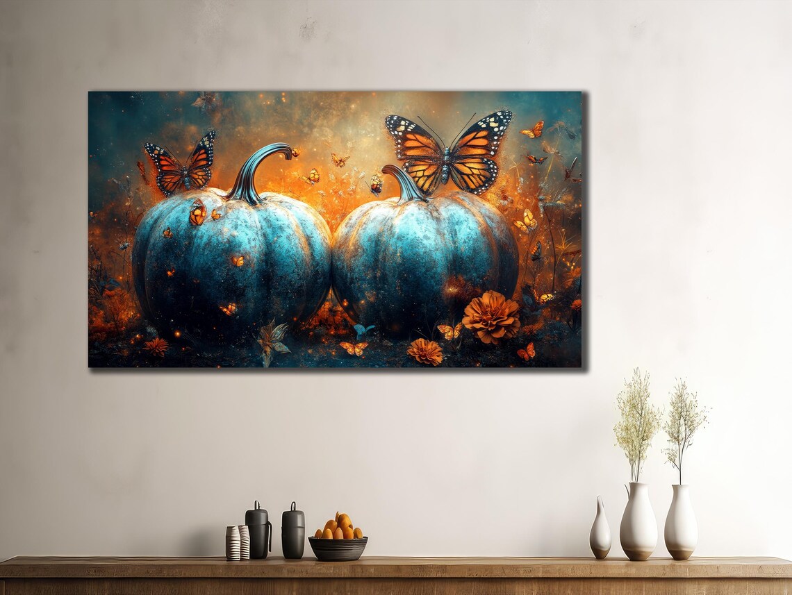 Two Teal Blue Pumpkins Butterflies Autumn Floral Night Art Poster - Image 2