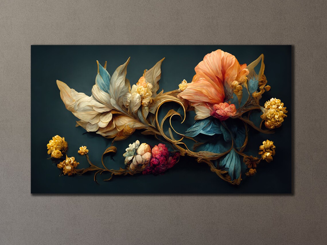 Golden Floral Swirl Peach Blossoms Dark Background Wall Art Poster