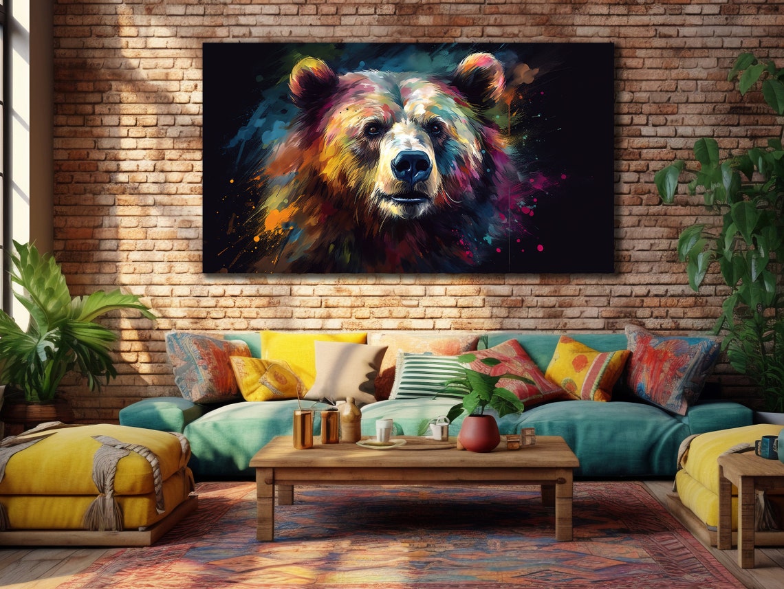 Colorful Bear Portrait Paint Splatter Wildlife Modern Canvas Poster - Image 2