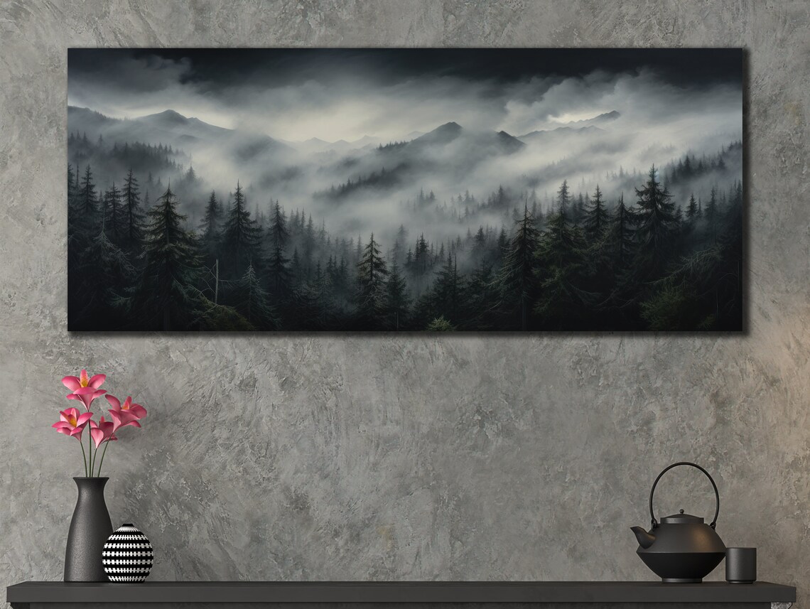 Foggy Forest Art Mist Tree Wall Art Tree Prints Art Panoramic Wall Decor Mountain Landscapeart Print Wall Art For Room - Image 3