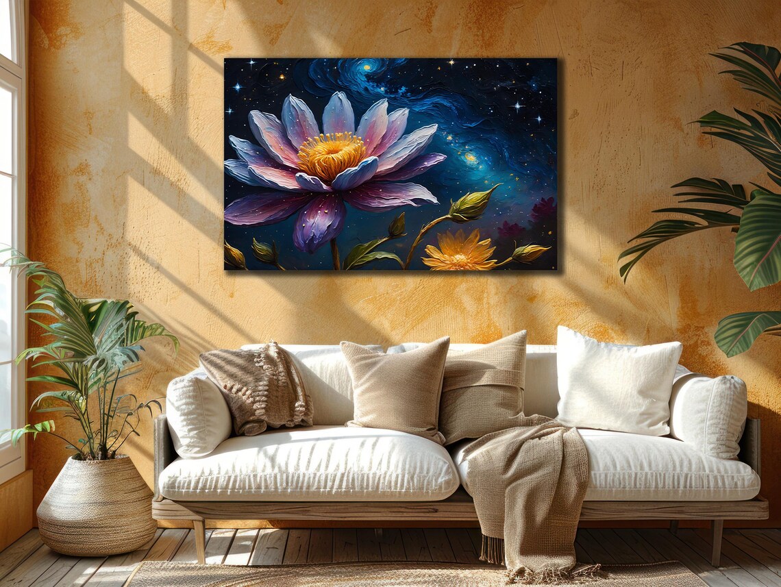 Pink Lotus Flower Starry Night Sky Cosmic Floral Wall Art Poster