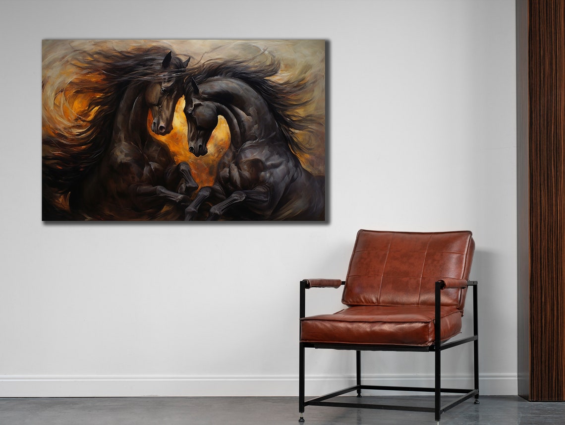 Two Black Horses Rearing Fiery Sunset Wild Equine Wall Art Print - Image 2