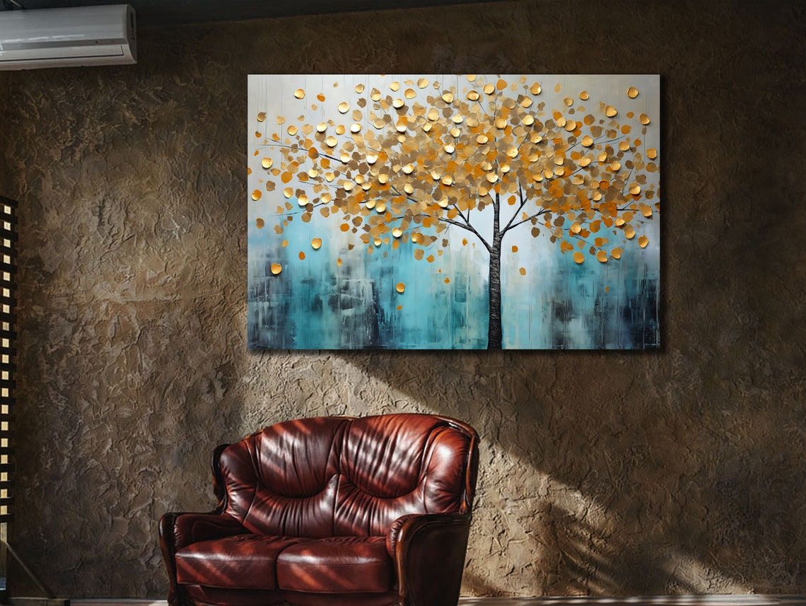 Golden Coin Tree Turquoise Blue Background Textured Wall Art Poster