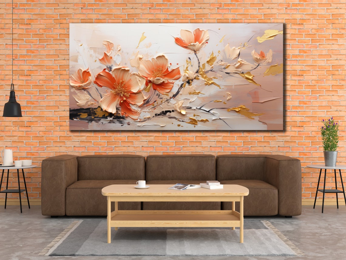 Coral Blossom Gold Leaf Textured Abstract Floral Wall Art Print