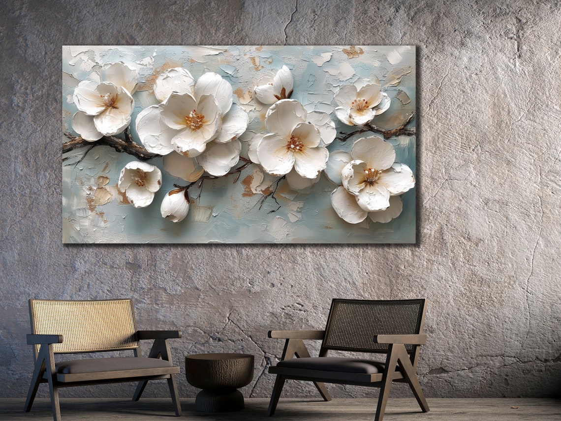 White Magnolia Blossom Textured Floral Painting Serene Wall Poster