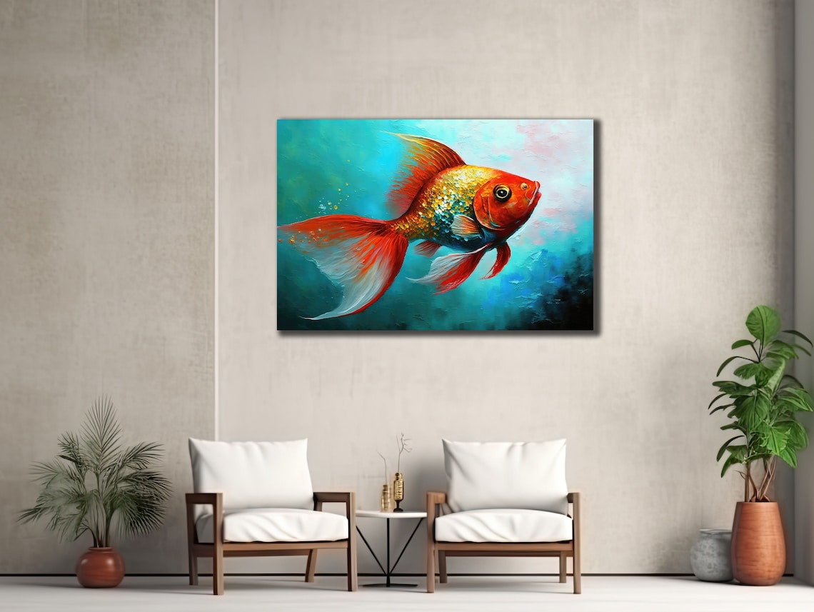 Orange Goldfish Flowing Silk Fins Teal Underwater Wall Art Print