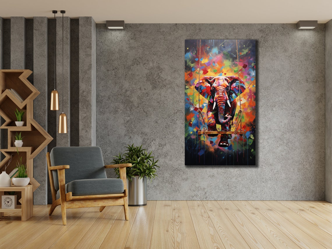 Elephant on Swing Colorful Paint Explosion Fun Wall Art Print - Image 3