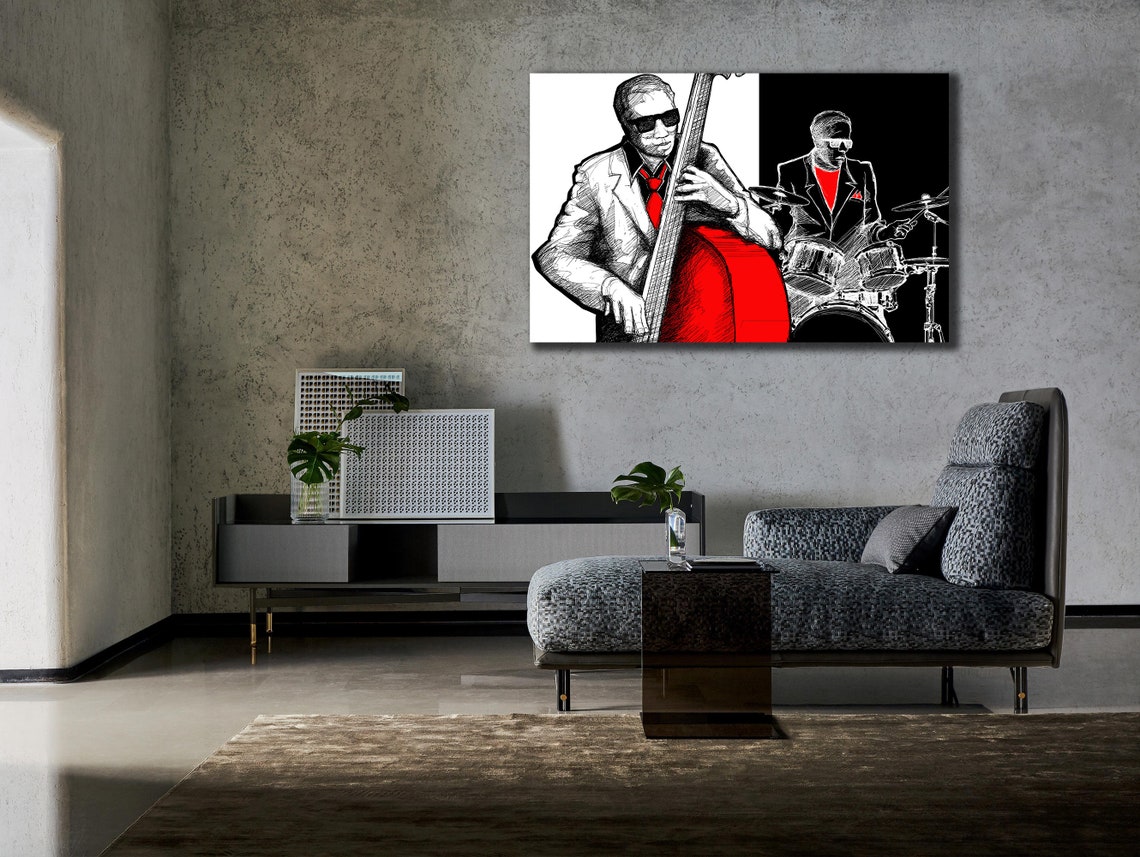 Jazz Duo Double Bass and Drummer Sketch Black White Red Art Poster - Image 3