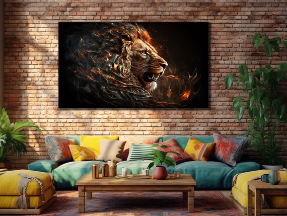 Lion Head Fiery Mane Black Background Powerful Wildlife Wall Art Print