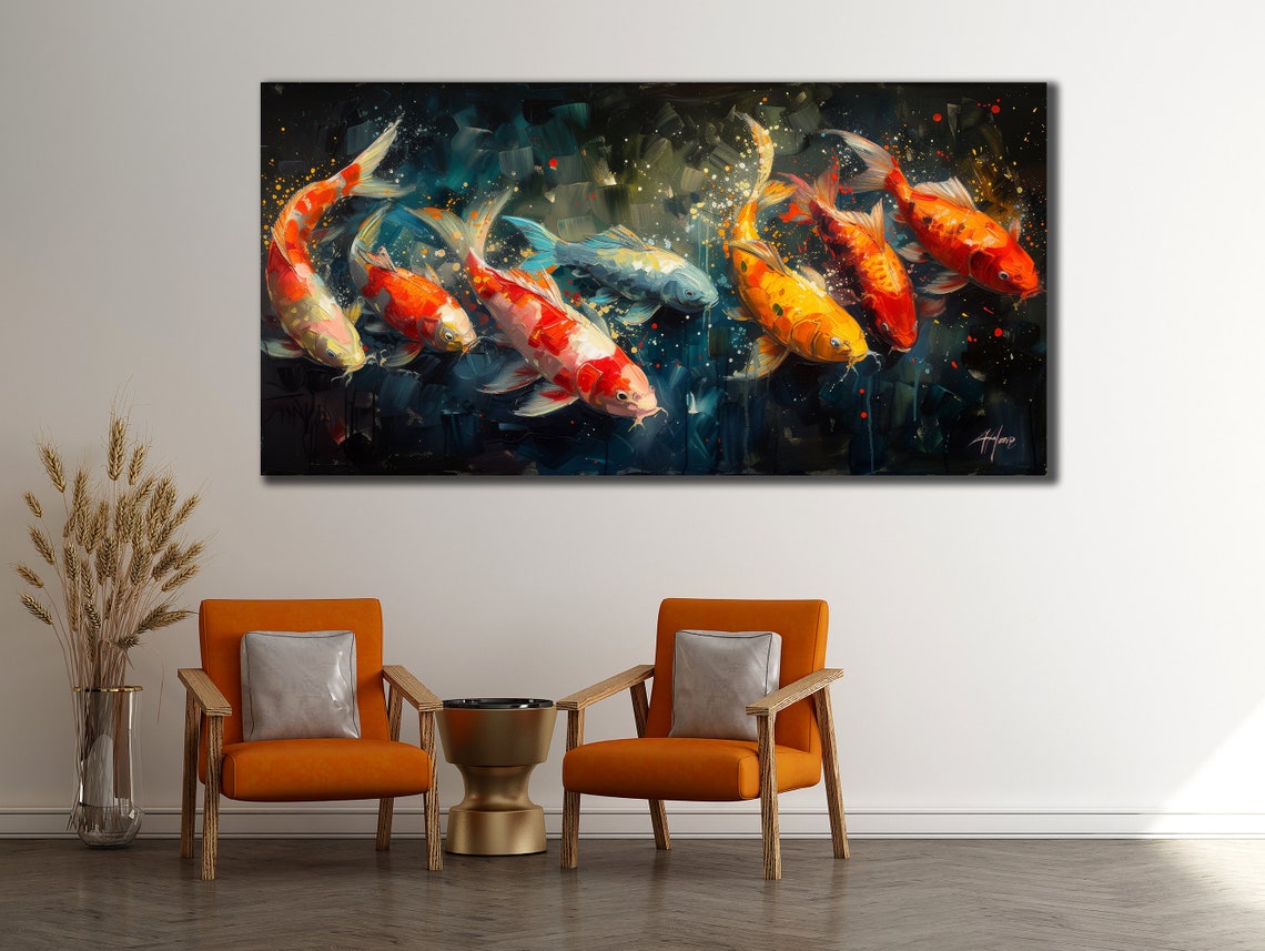 Koi Fish Swimming Dark Water Colorful Japanese Style Art Poster - Image 2