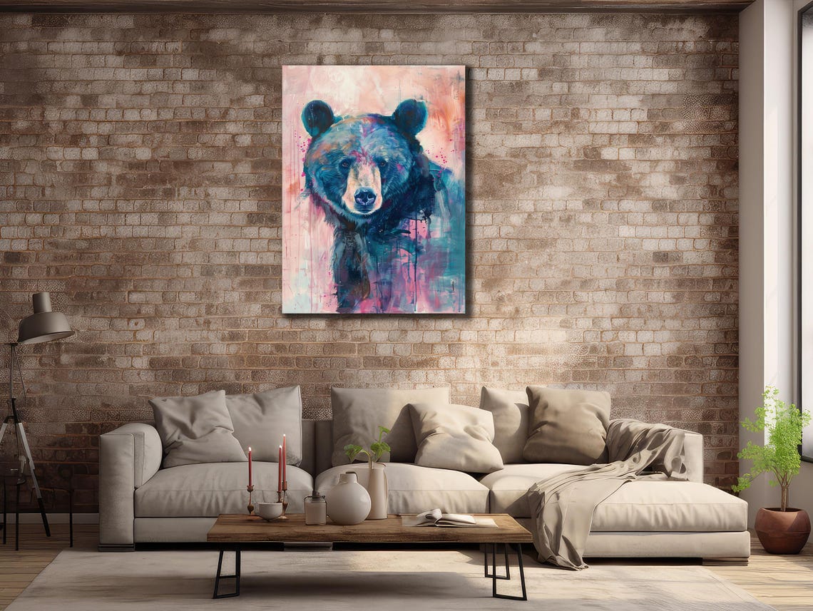 Blue Bear Portrait Pink Teal Paint Splash Modern Wildlife Poster - Image 3