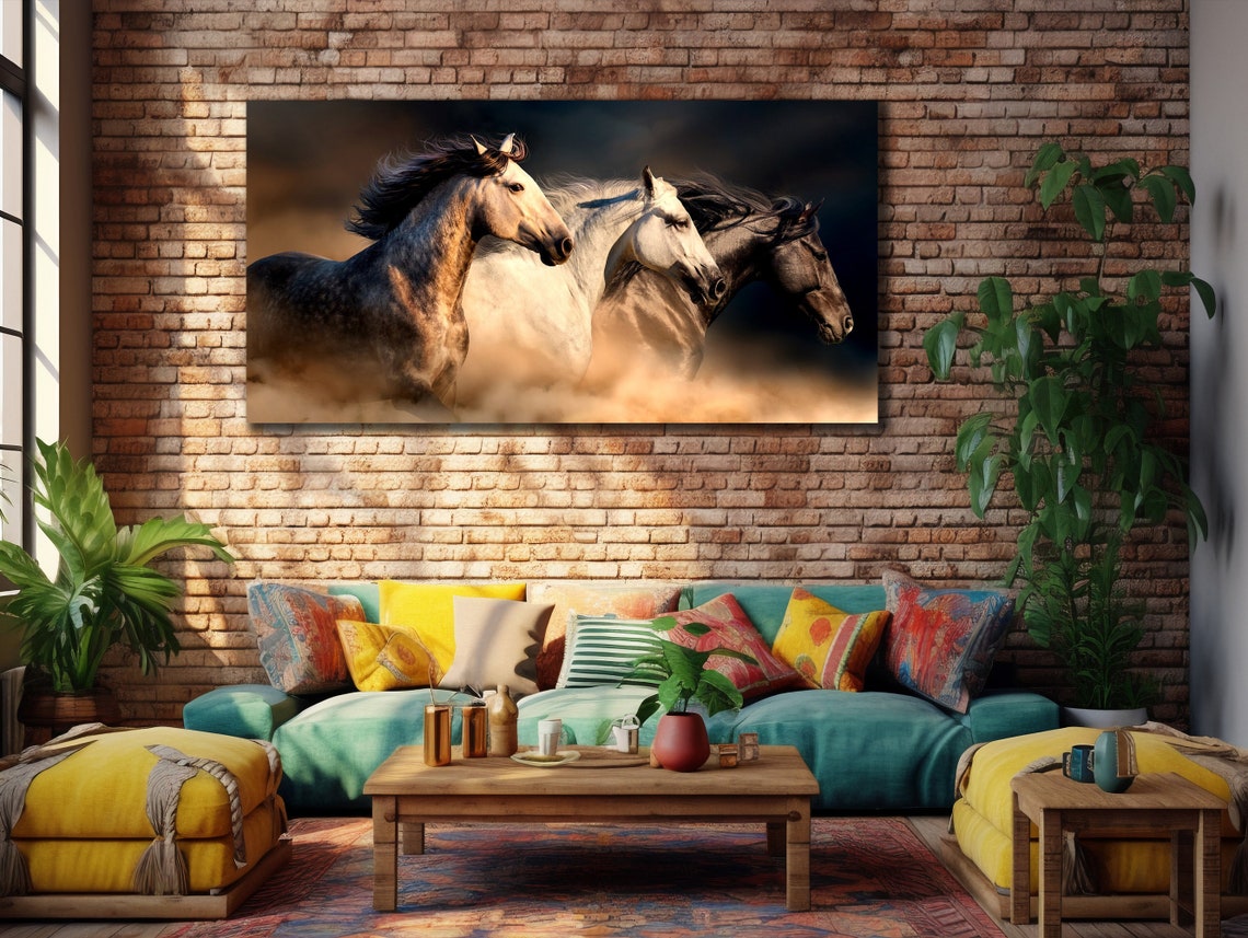 Three Wild Horses Running Through Dust Dramatic Equine Art Poster
